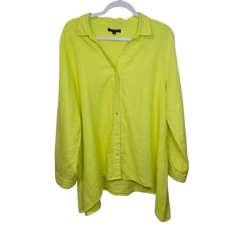 For Cynthia Lagenlook XL Yellow Linen Button-Up Top  Adjustable  Sleeves Oversiz